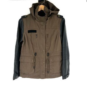 MAURICES Army Jacket Womens‎ Size M Faux Leather Sleeves Green Hooded